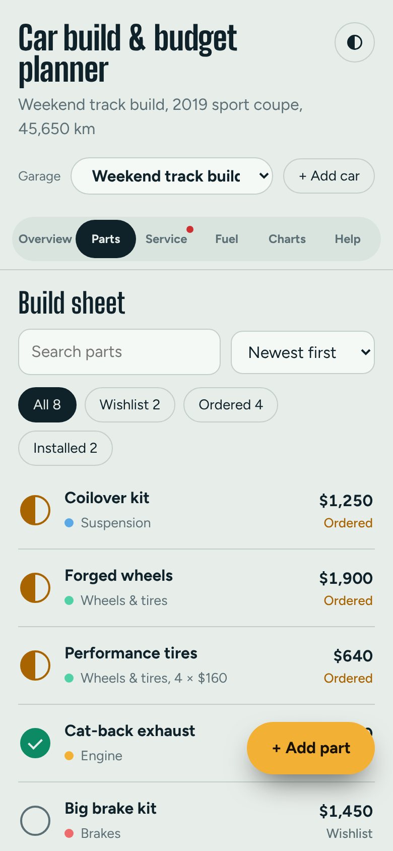 Build sheet on a phone, light theme