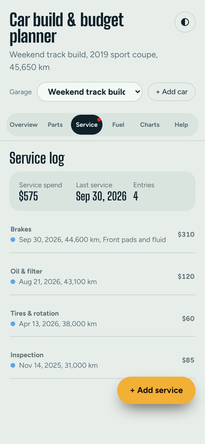 Service log on a phone, light theme